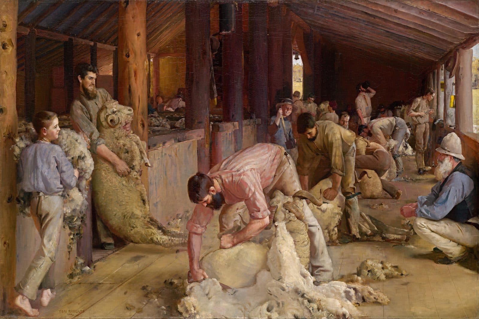 Tom Roberts's painting of a shearing shed: a shearer in a pink striped shirt bent over a ram in the centre, other shearers at work down the length of the shed, and a young figure carrying a fleece at the left.